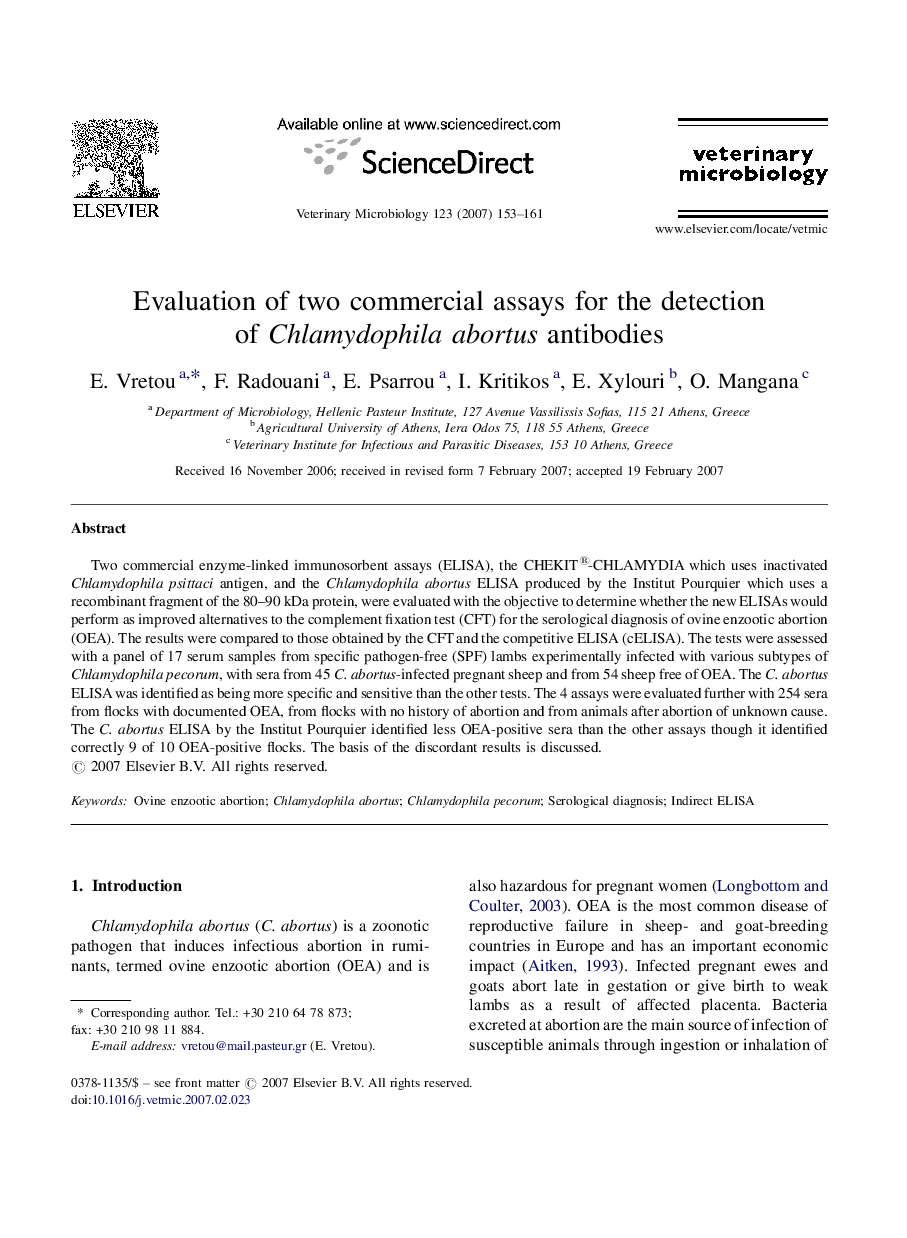 Evaluation of two commercial assays for the detection of Chlamydophila abortus antibodies