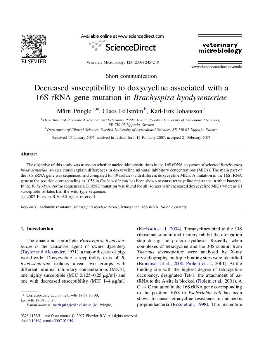 Decreased susceptibility to doxycycline associated with a 16S rRNA gene mutation in Brachyspira hyodysenteriae