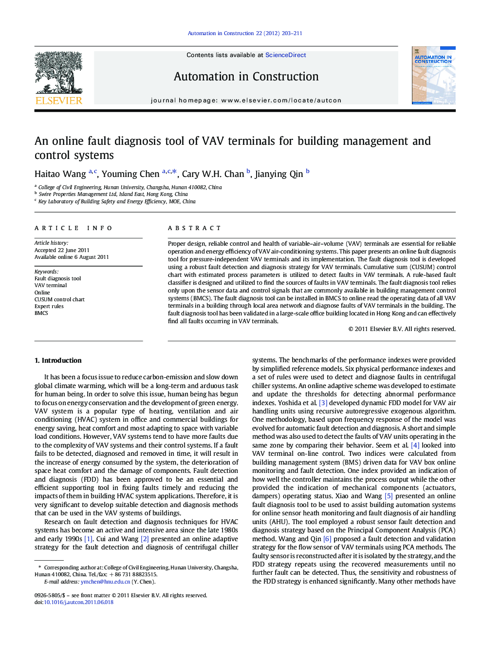 عکس صفحه اول مقاله: An online fault diagnosis tool of VAV terminals for building management and control systems An online fault diagnosis tool of VAV terminals for building management and control systems
