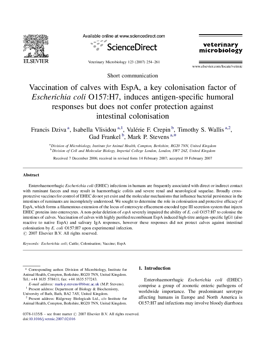 Vaccination of calves with EspA, a key colonisation factor of Escherichia coli O157:H7, induces antigen-specific humoral responses but does not confer protection against intestinal colonisation