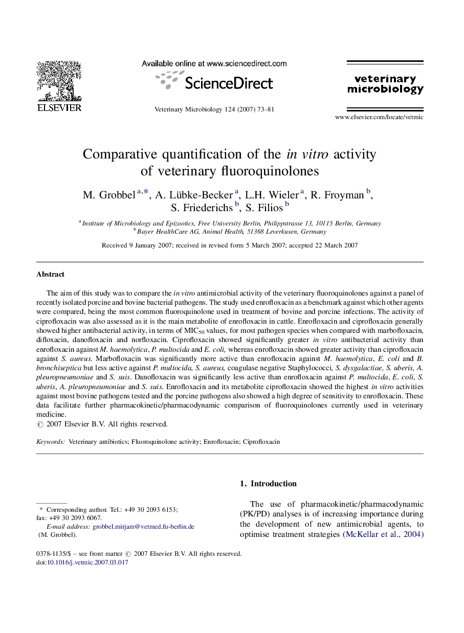 Comparative quantification of the in vitro activity of veterinary fluoroquinolones