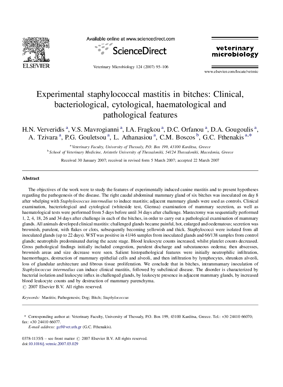 Experimental staphylococcal mastitis in bitches: Clinical, bacteriological, cytological, haematological and pathological features