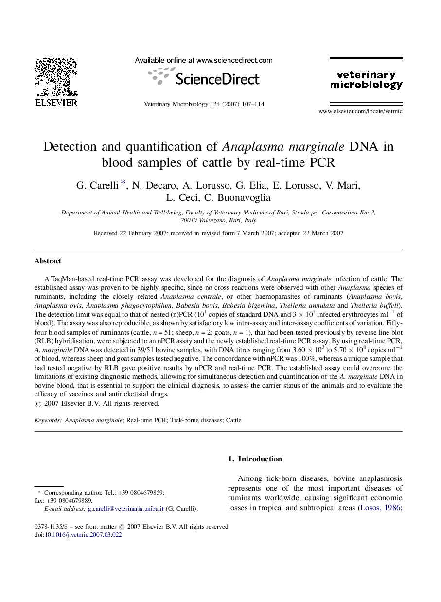 Detection and quantification of Anaplasma marginale DNA in blood samples of cattle by real-time PCR