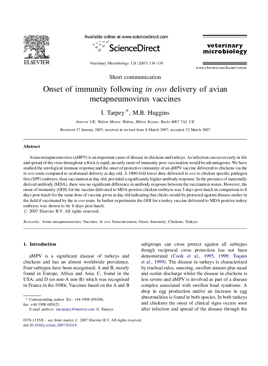 Onset of immunity following in ovo delivery of avian metapneumovirus vaccines