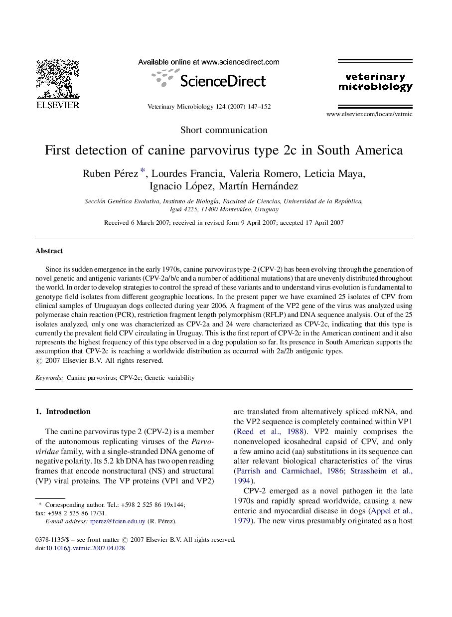 First detection of canine parvovirus type 2c in South America