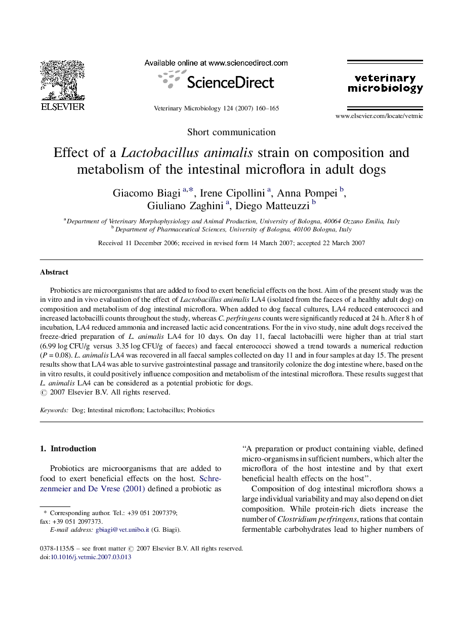 Effect of a Lactobacillus animalis strain on composition and metabolism of the intestinal microflora in adult dogs