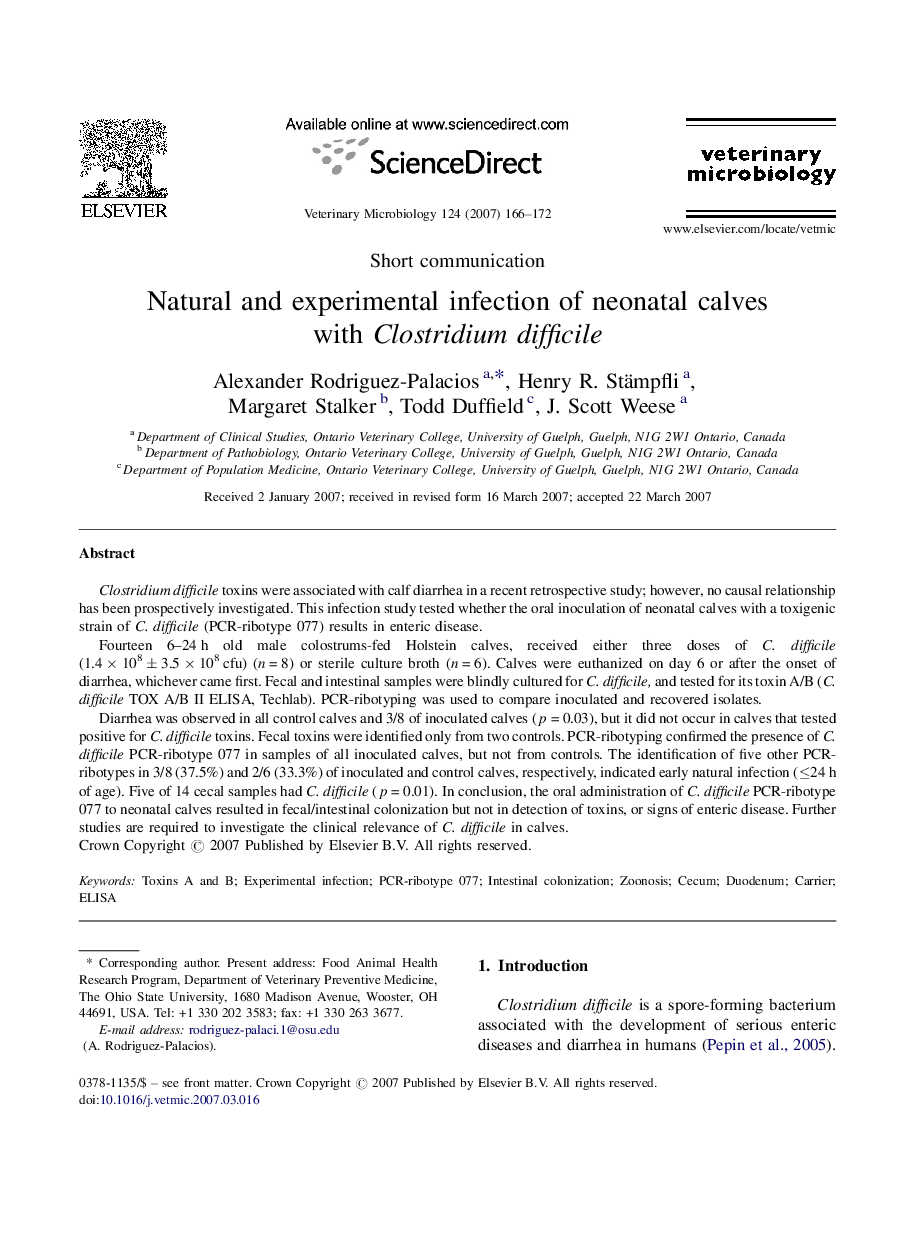 عکس صفحه اول مقاله: Natural and experimental infection of neonatal calves with Clostridium difficile Natural and experimental infection of neonatal calves with Clostridium difficile