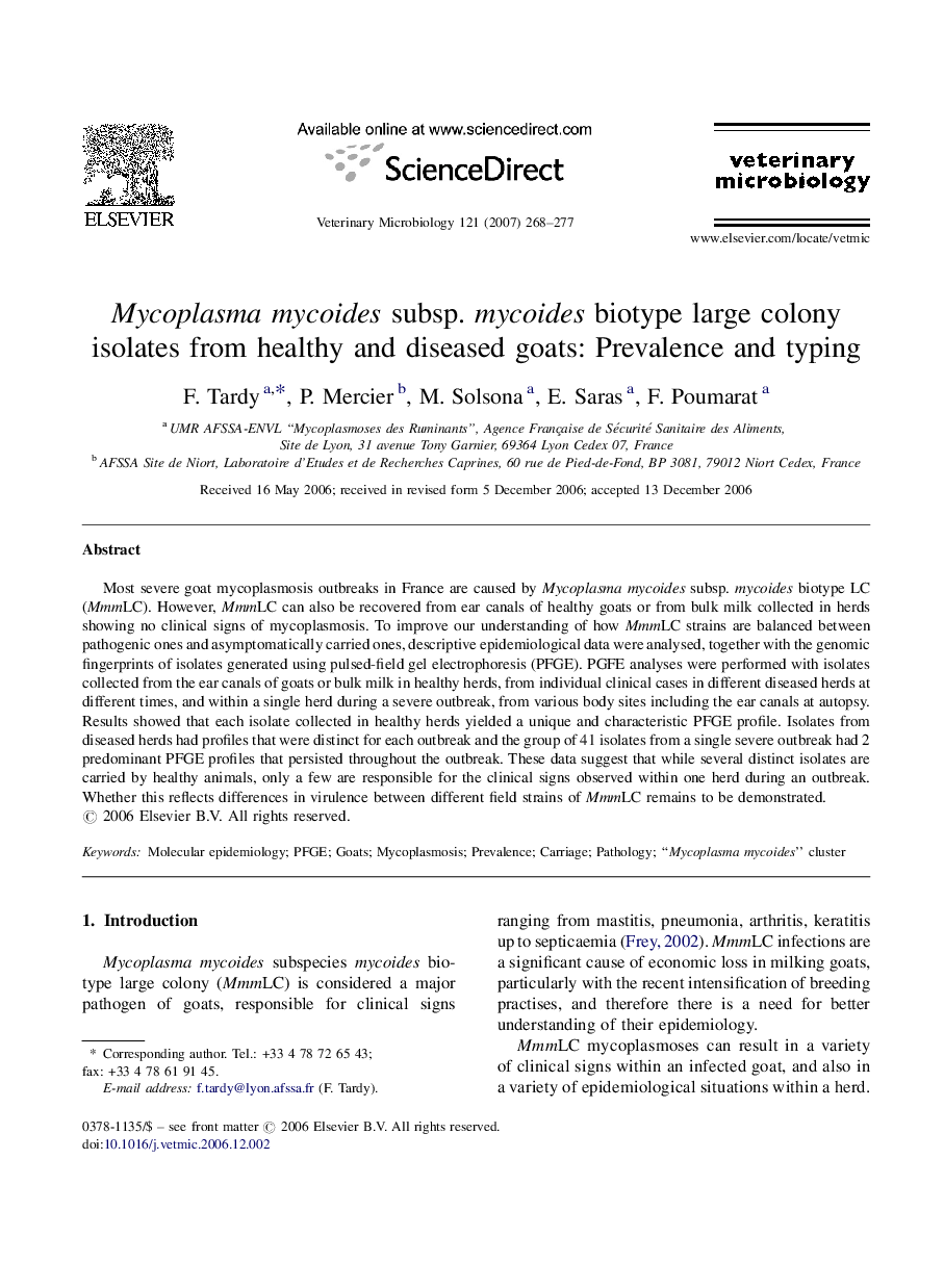 Mycoplasma mycoides subsp. mycoides biotype large colony isolates from healthy and diseased goats: Prevalence and typing