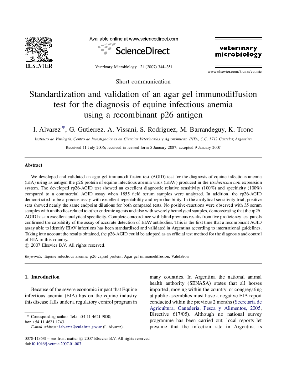 Standardization and validation of an agar gel immunodiffusion test for the diagnosis of equine infectious anemia using a recombinant p26 antigen