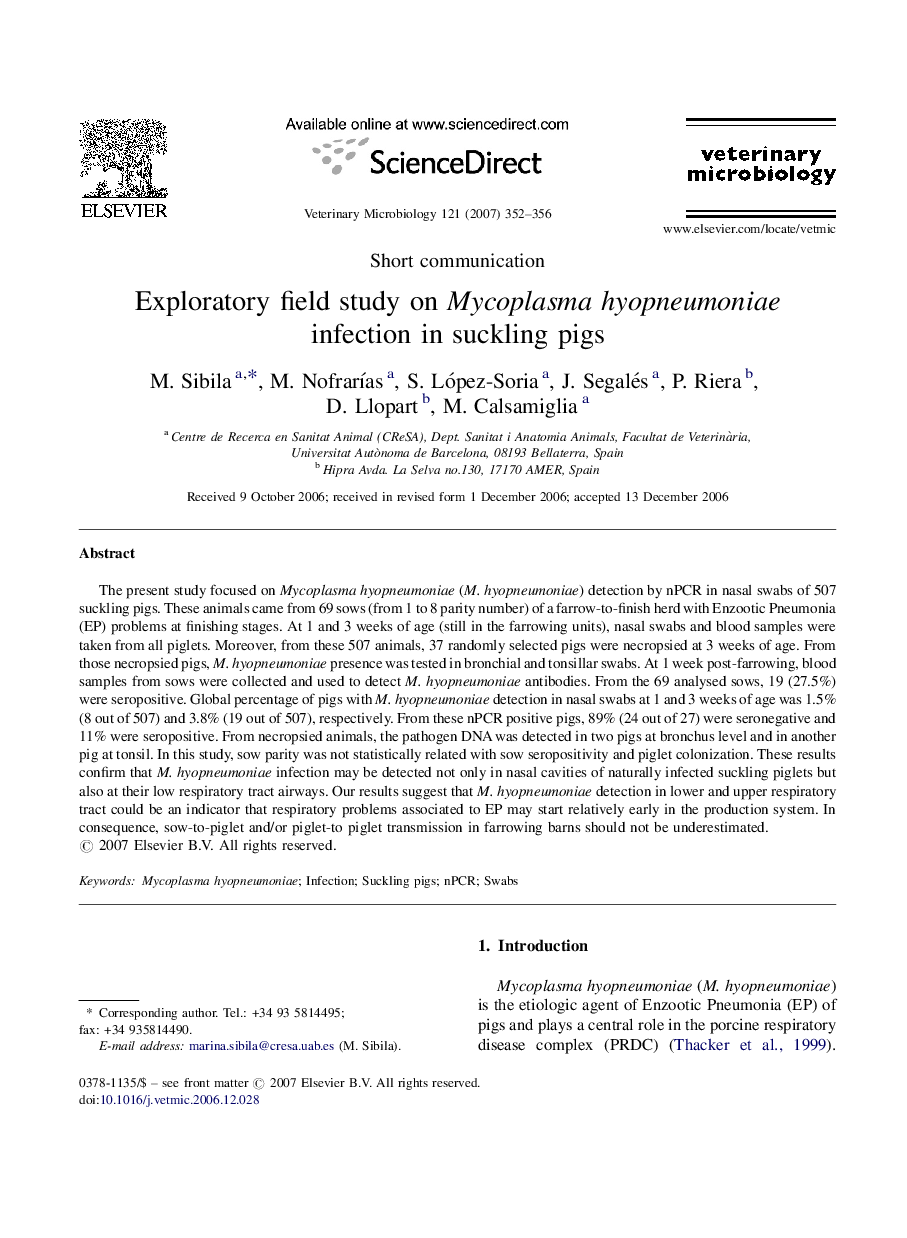 Exploratory field study on Mycoplasma hyopneumoniae infection in suckling pigs