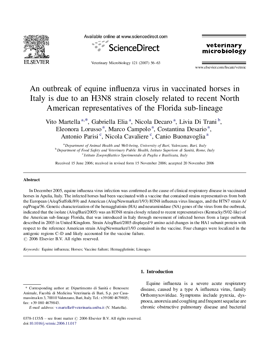 An outbreak of equine influenza virus in vaccinated horses in Italy is due to an H3N8 strain closely related to recent North American representatives of the Florida sub-lineage