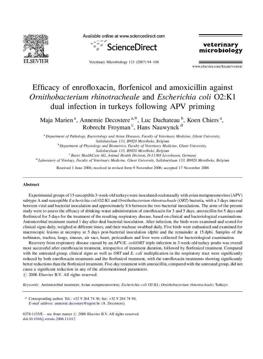 Efficacy of enrofloxacin, florfenicol and amoxicillin against Ornithobacteriumrhinotracheale and Escherichia coli O2:K1 dual infection in turkeys following APV priming