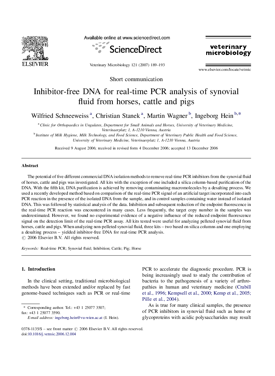 Inhibitor-free DNA for real-time PCR analysis of synovial fluid from horses, cattle and pigs