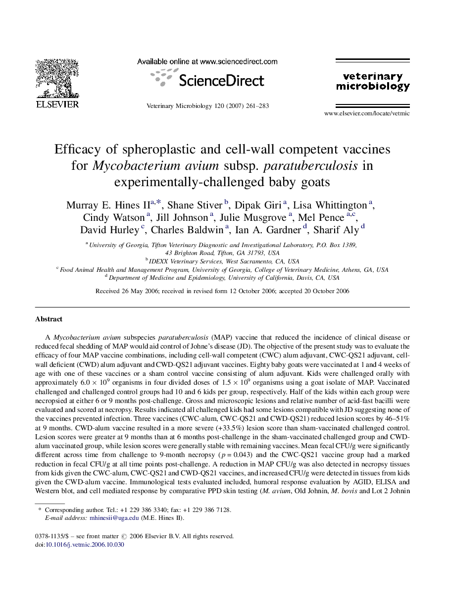 Efficacy of spheroplastic and cell-wall competent vaccines for Mycobacterium avium subsp. paratuberculosis in experimentally-challenged baby goats