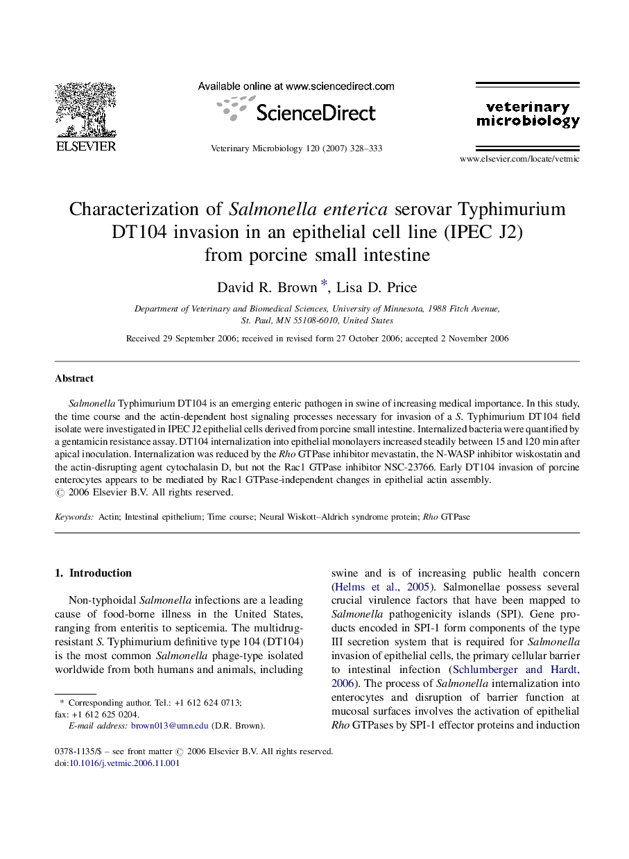 Characterization of Salmonella enterica serovar Typhimurium DT104 invasion in an epithelial cell line (IPEC J2) from porcine small intestine