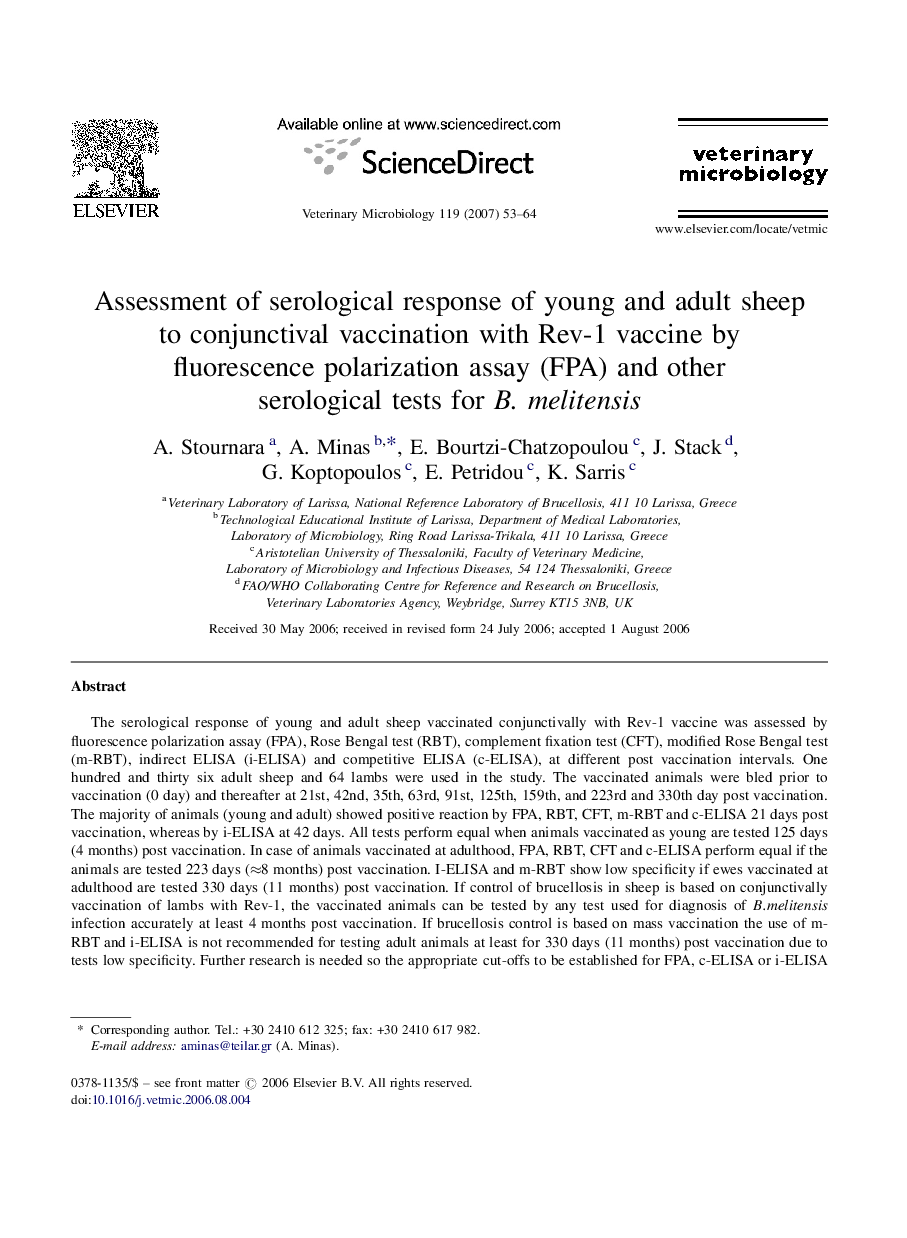 Assessment of serological response of young and adult sheep to conjunctival vaccination with Rev-1 vaccine by fluorescence polarization assay (FPA) and other serological tests for B. melitensis