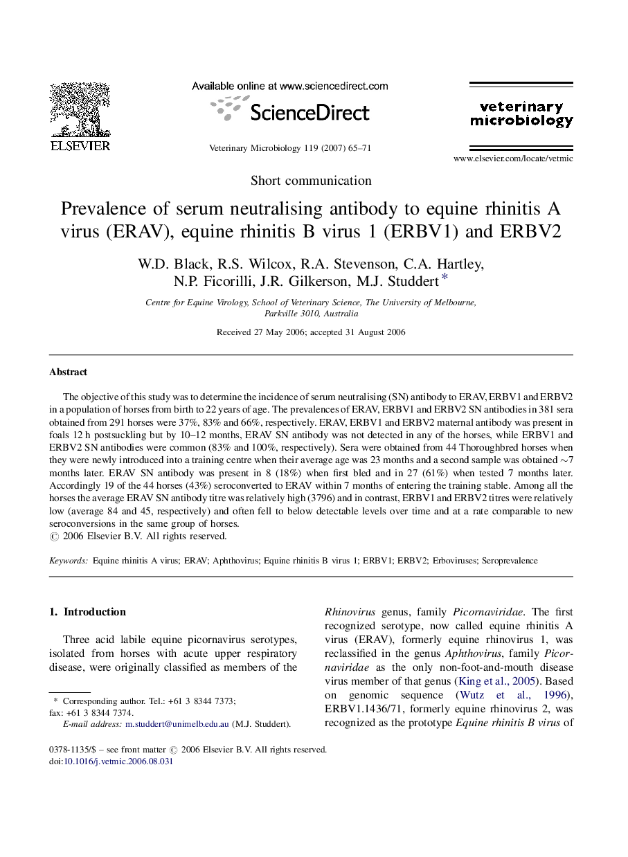 Prevalence of serum neutralising antibody to equine rhinitis A virus (ERAV), equine rhinitis B virus 1 (ERBV1) and ERBV2