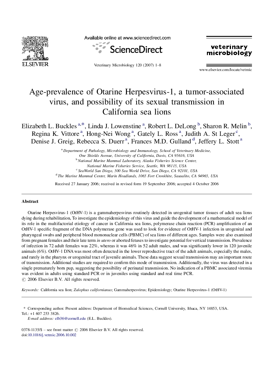 Age-prevalence of Otarine Herpesvirus-1, a tumor-associated virus, and possibility of its sexual transmission in California sea lions