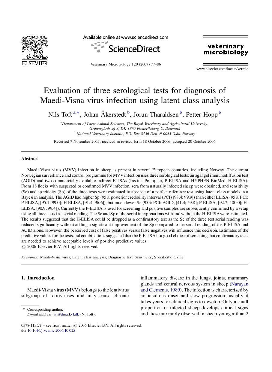 Evaluation of three serological tests for diagnosis of Maedi-Visna virus infection using latent class analysis