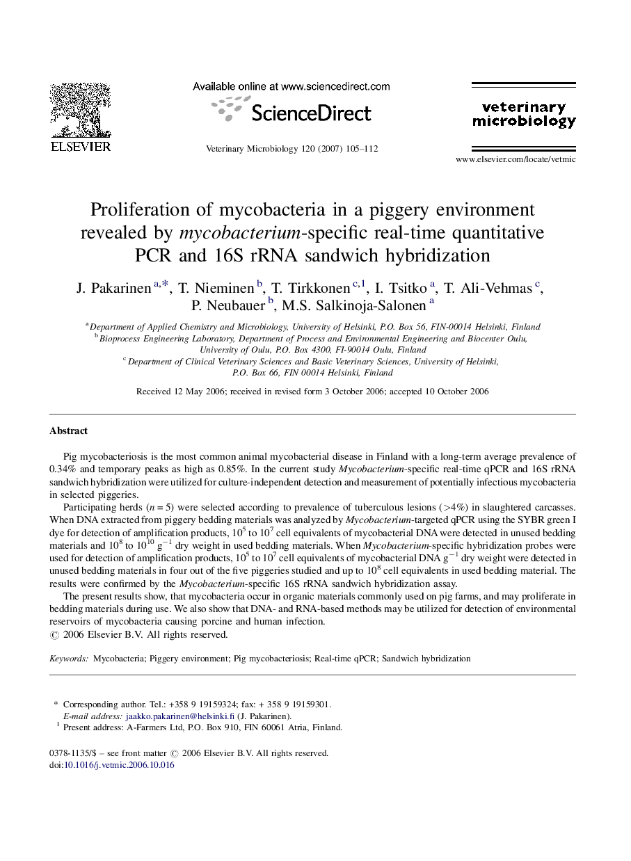 Proliferation of mycobacteria in a piggery environment revealed by mycobacterium-specific real-time quantitative PCR and 16S rRNA sandwich hybridization