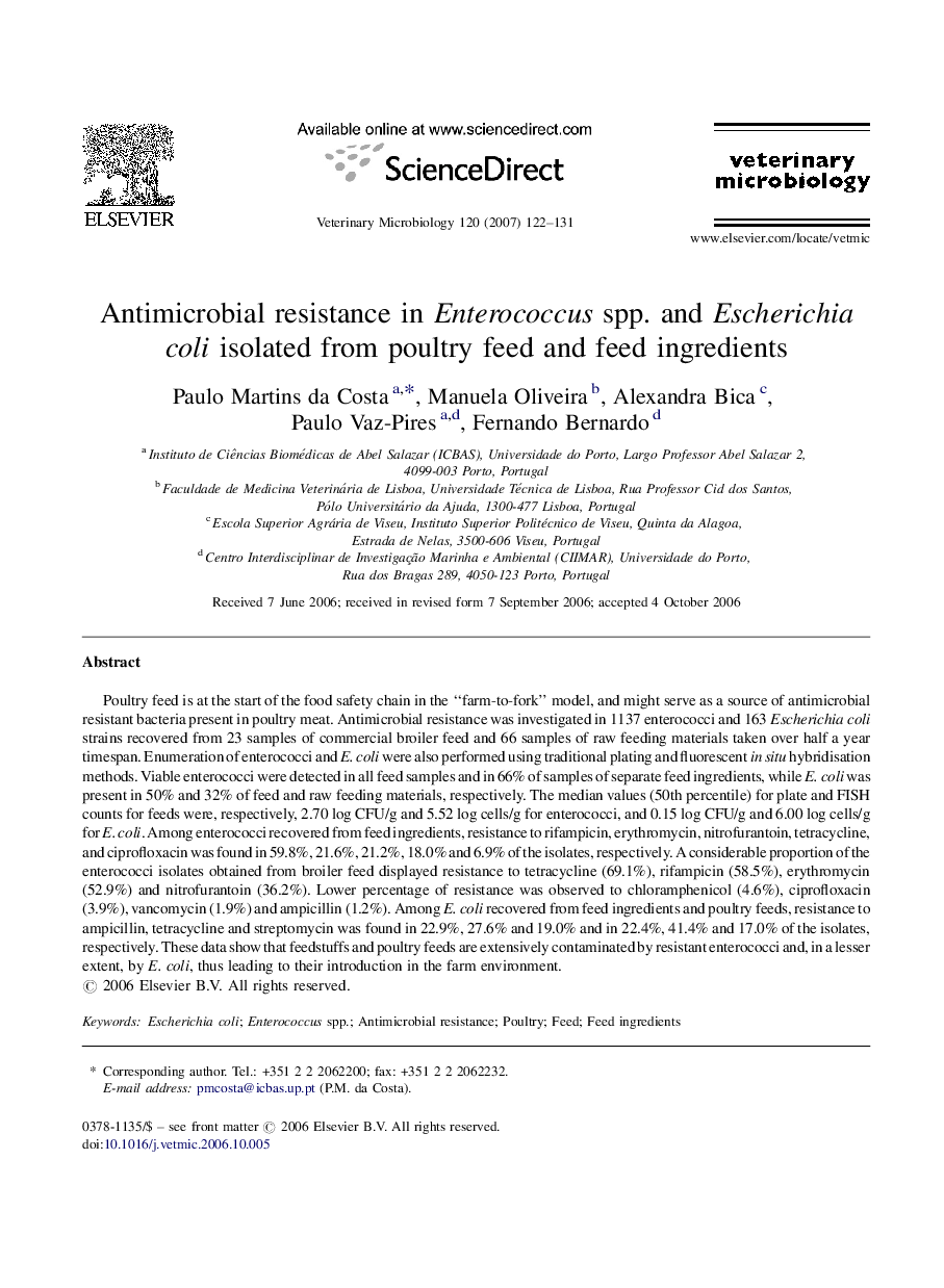 Antimicrobial resistance in Enterococcus spp. and Escherichia coli isolated from poultry feed and feed ingredients