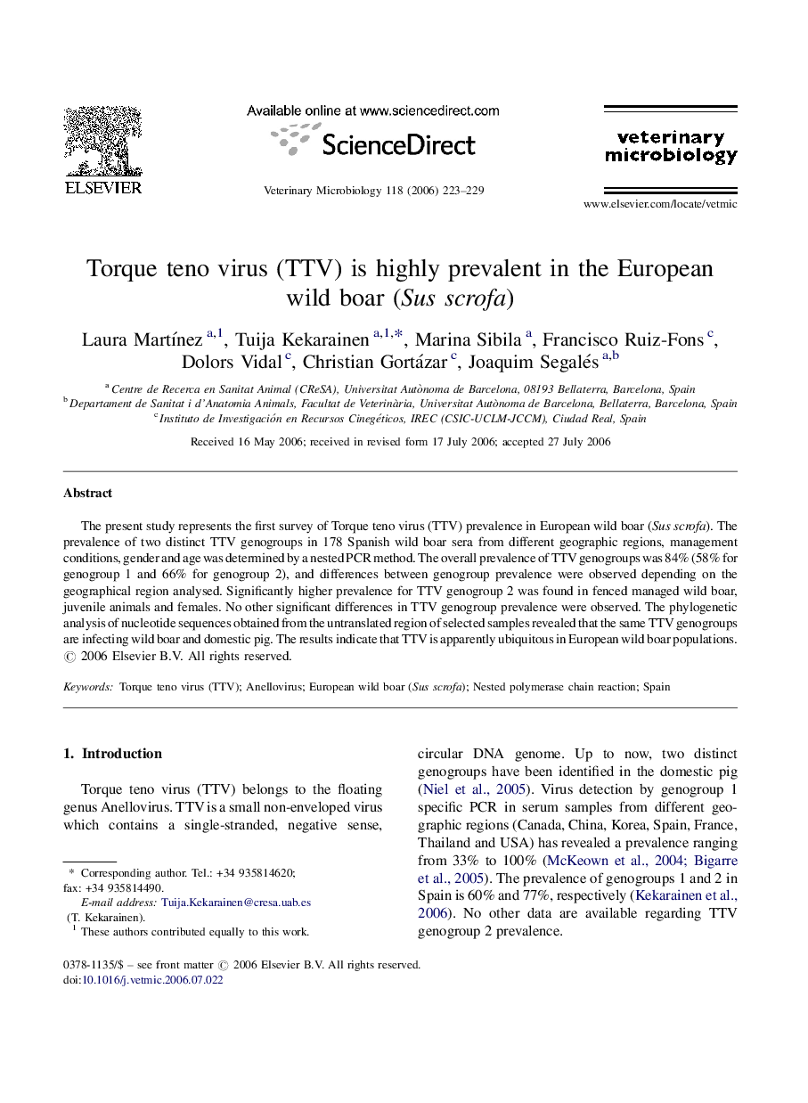 Torque teno virus (TTV) is highly prevalent in the European wild boar (Sus scrofa)