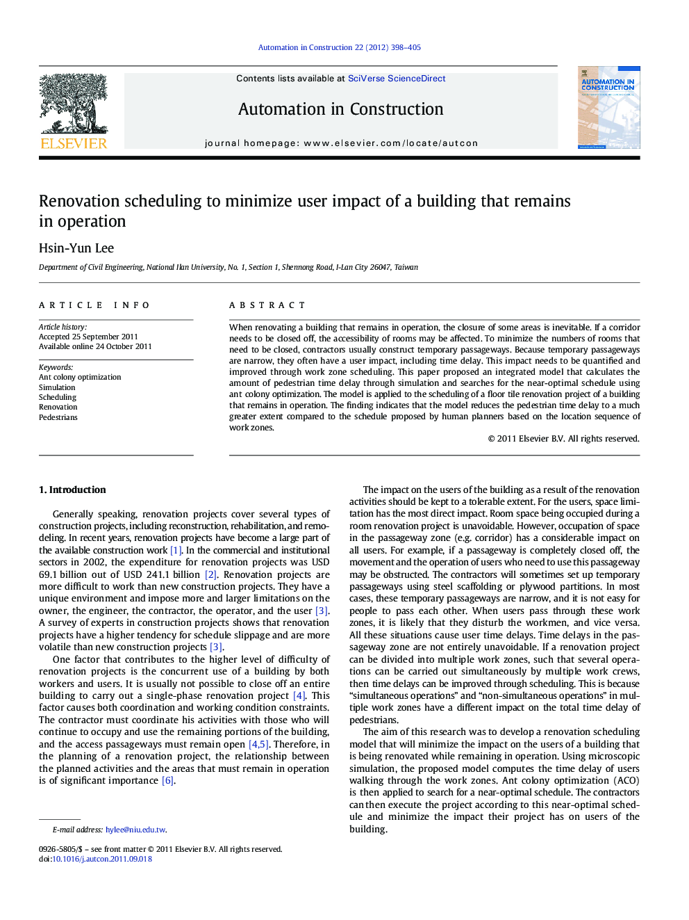 Renovation scheduling to minimize user impact of a building that remains in operation