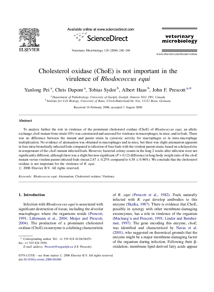 Cholesterol oxidase (ChoE) is not important in the virulence of Rhodococcus equi