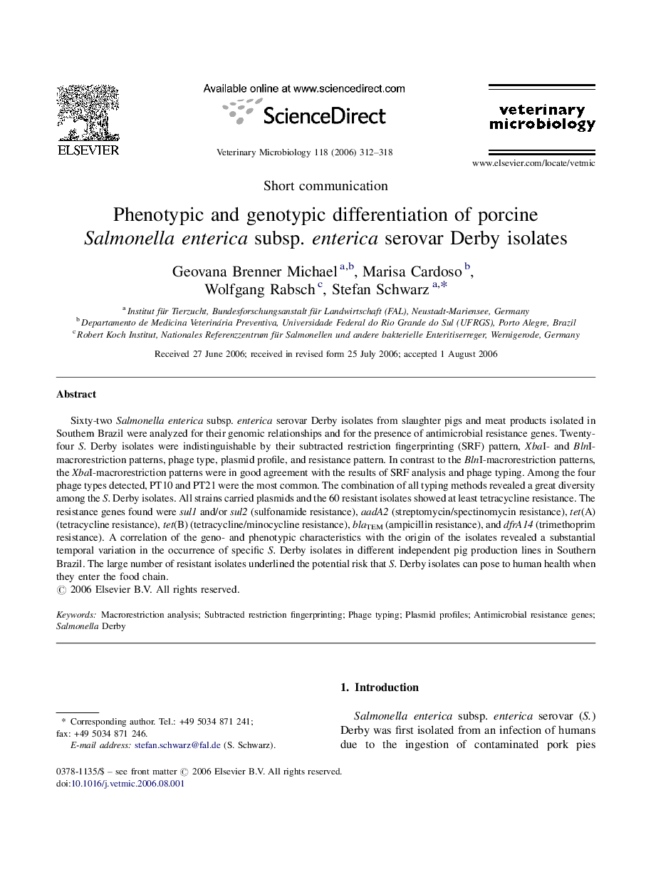 Phenotypic and genotypic differentiation of porcine Salmonella enterica subsp. enterica serovar Derby isolates