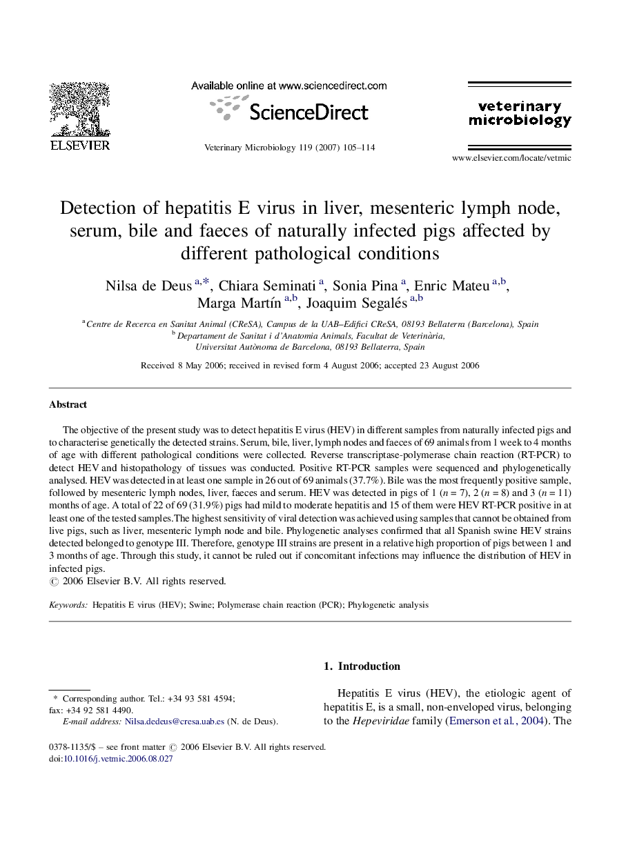 Detection of hepatitis E virus in liver, mesenteric lymph node, serum, bile and faeces of naturally infected pigs affected by different pathological conditions