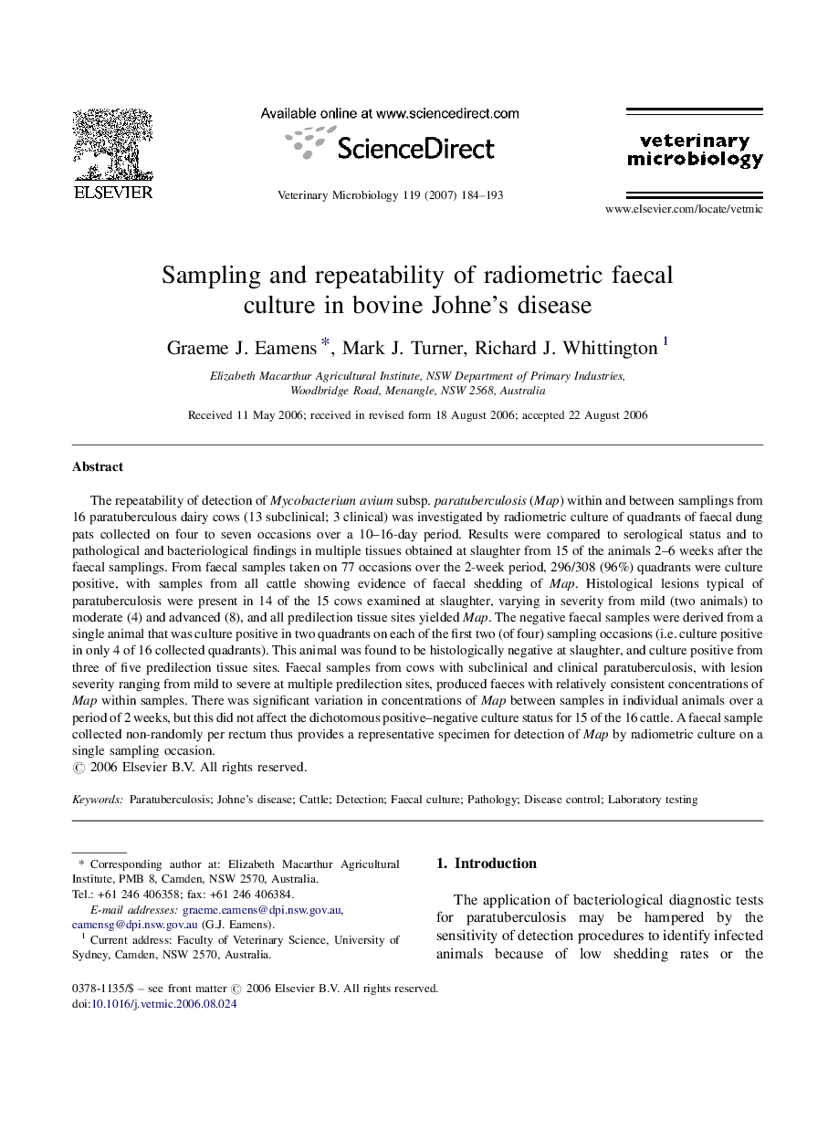 Sampling and repeatability of radiometric faecal culture in bovine Johne's disease