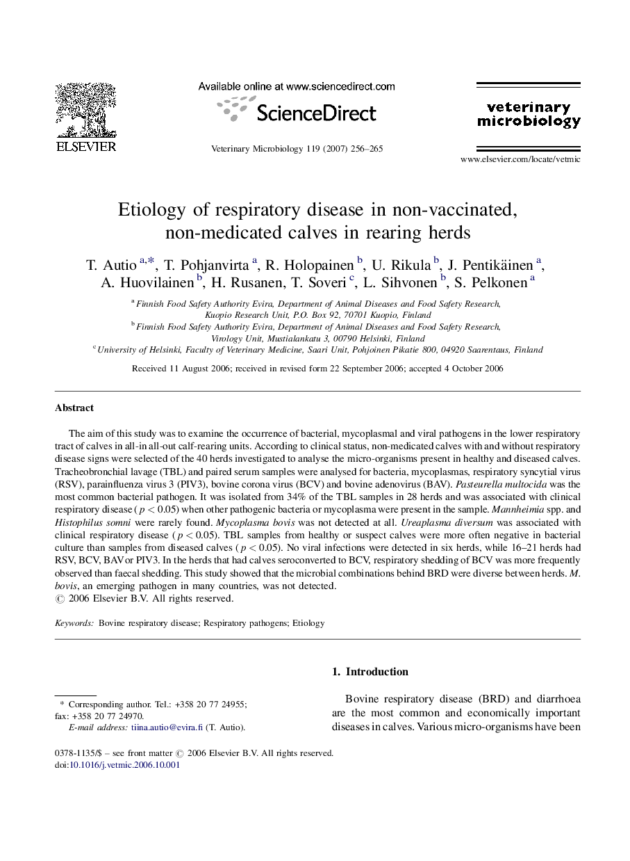 Etiology of respiratory disease in non-vaccinated, non-medicated calves in rearing herds