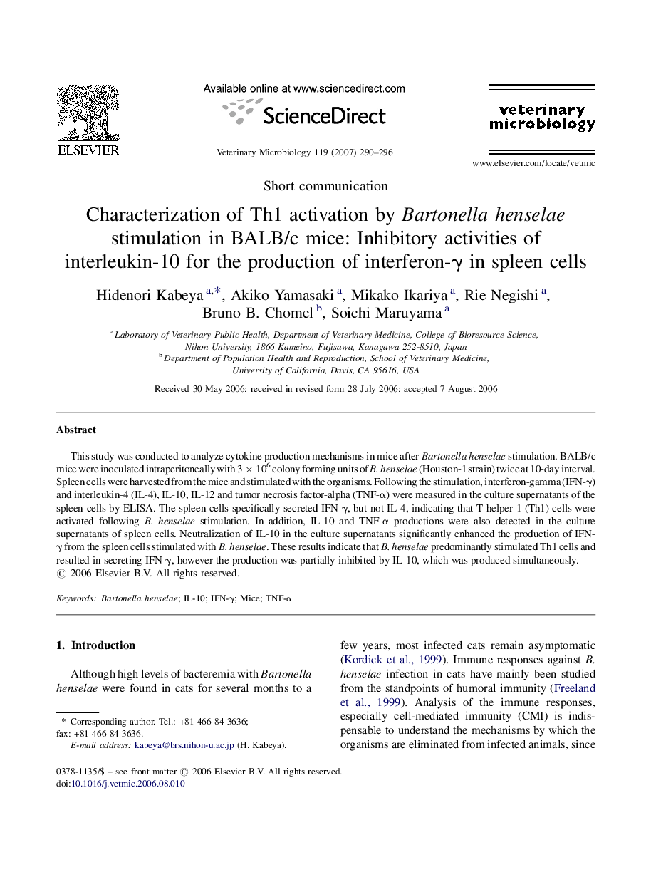 Characterization of Th1 activation by Bartonella henselae stimulation in BALB/c mice: Inhibitory activities of interleukin-10 for the production of interferon-γ in spleen cells