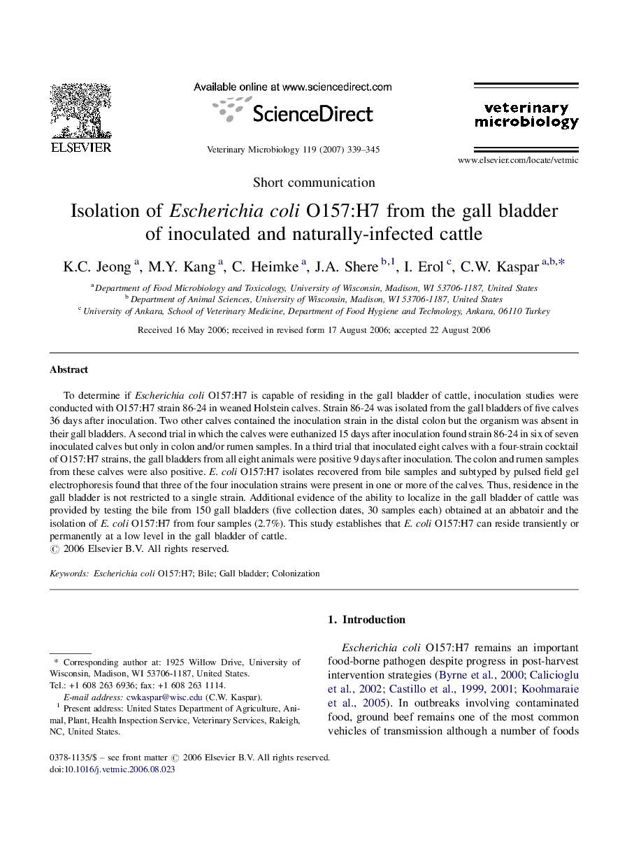 Isolation of Escherichia coli O157:H7 from the gall bladder of inoculated and naturally-infected cattle