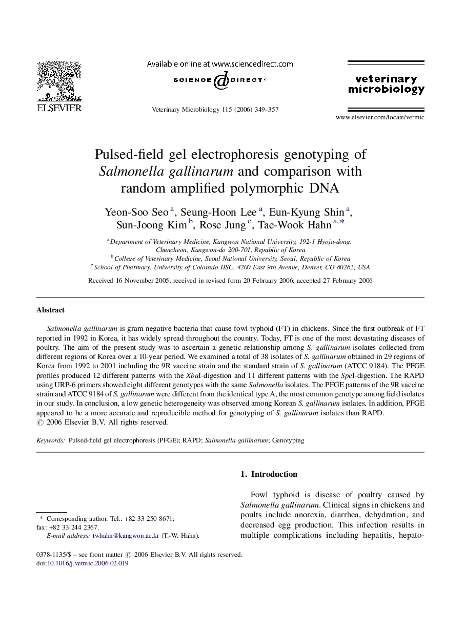 Pulsed-field gel electrophoresis genotyping of Salmonella gallinarum and comparison with random amplified polymorphic DNA