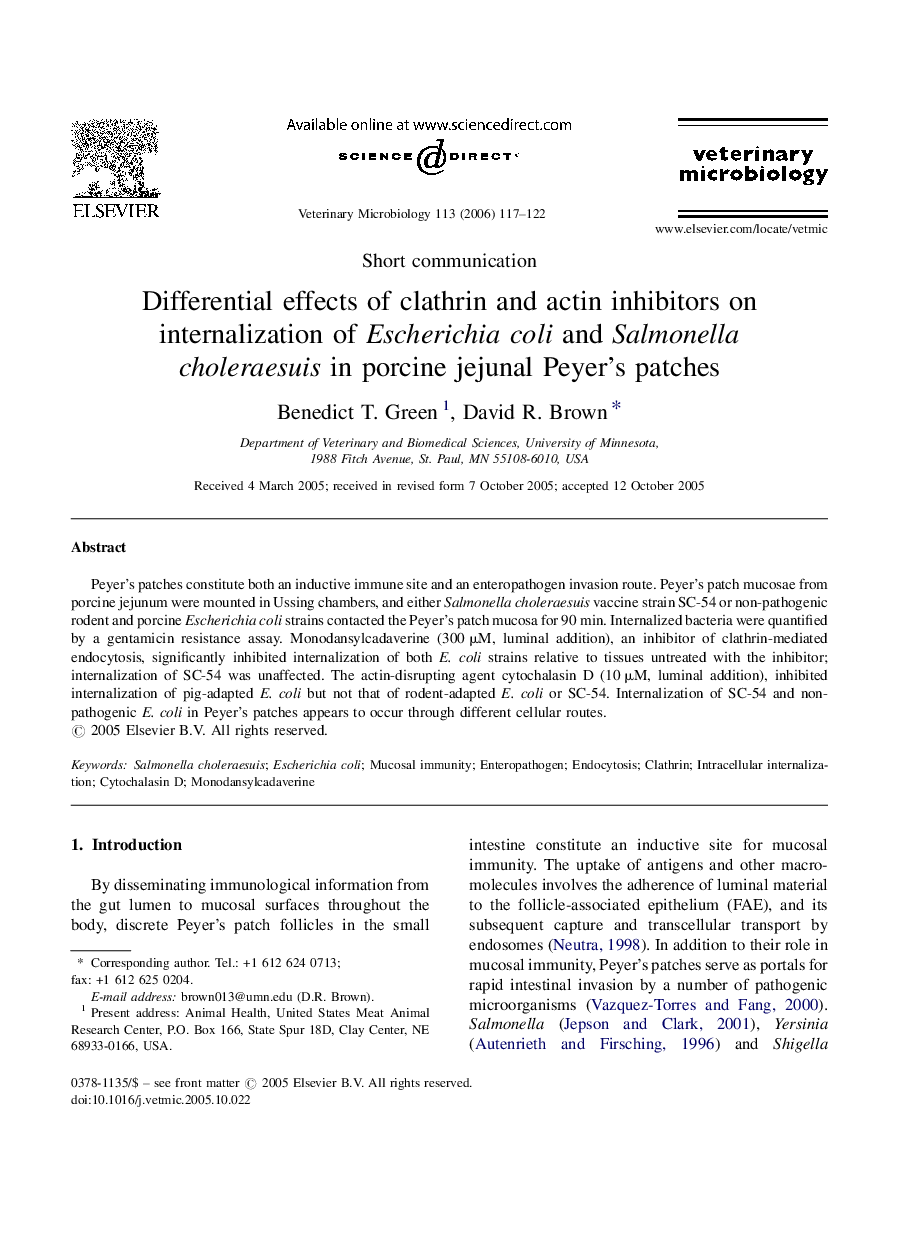 Differential effects of clathrin and actin inhibitors on internalization of Escherichia coli and Salmonella choleraesuis in porcine jejunal Peyer's patches