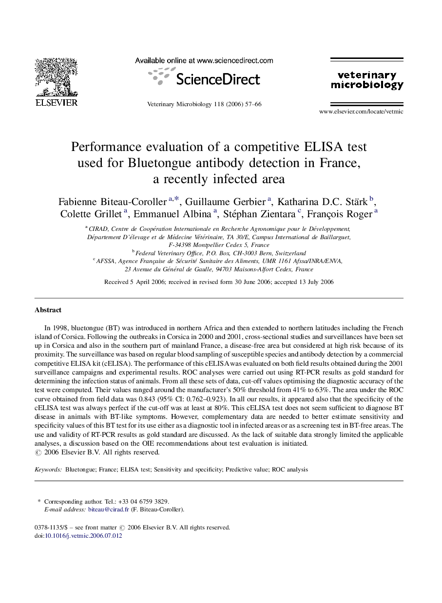 Performance evaluation of a competitive ELISA test used for Bluetongue antibody detection in France, a recently infected area