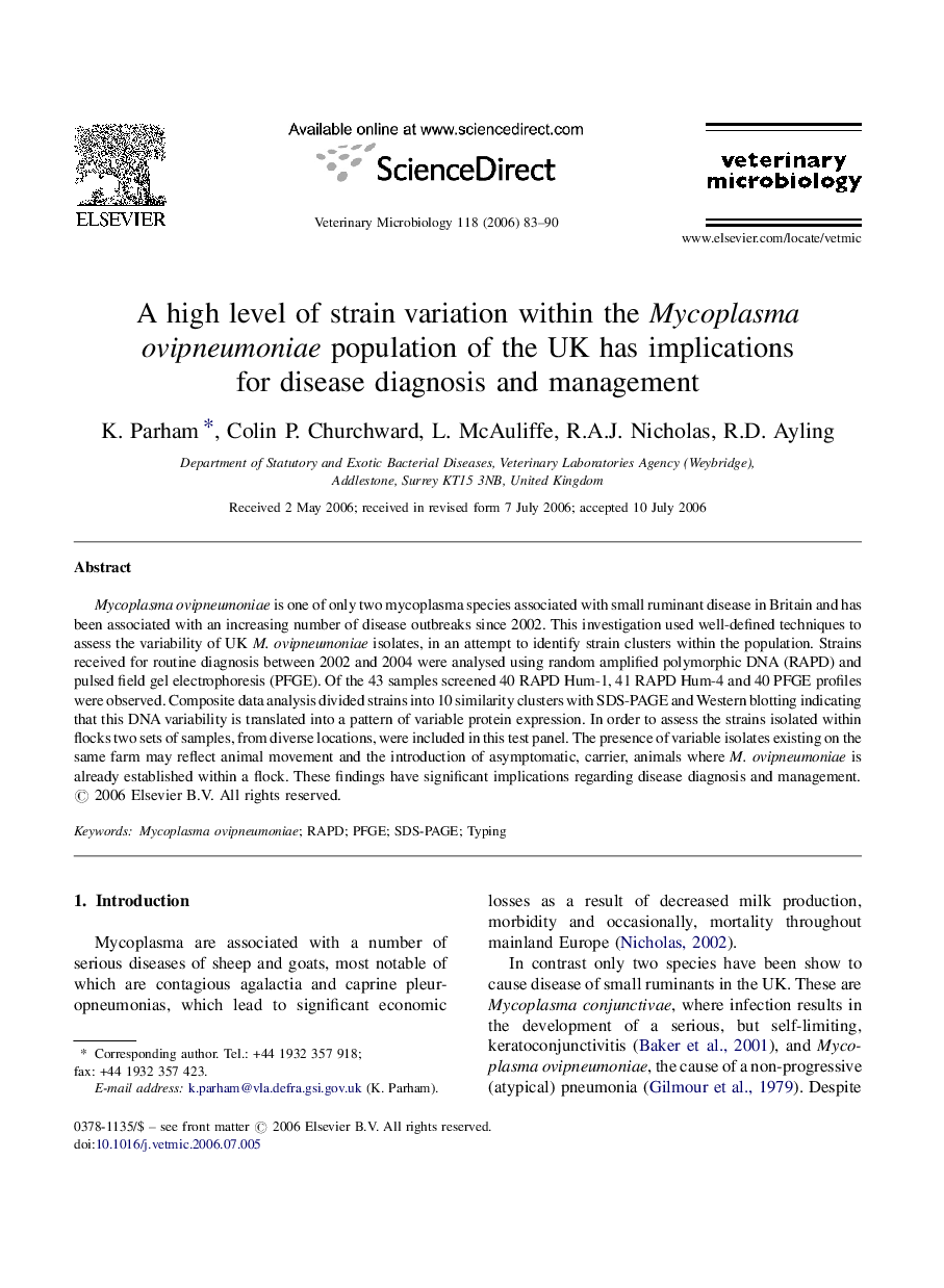 A high level of strain variation within the Mycoplasma ovipneumoniae population of the UK has implications for disease diagnosis and management