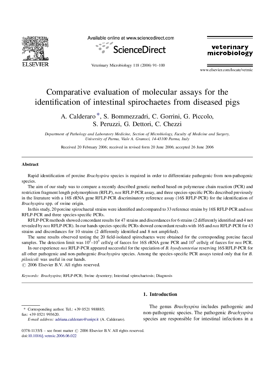 Comparative evaluation of molecular assays for the identification of intestinal spirochaetes from diseased pigs