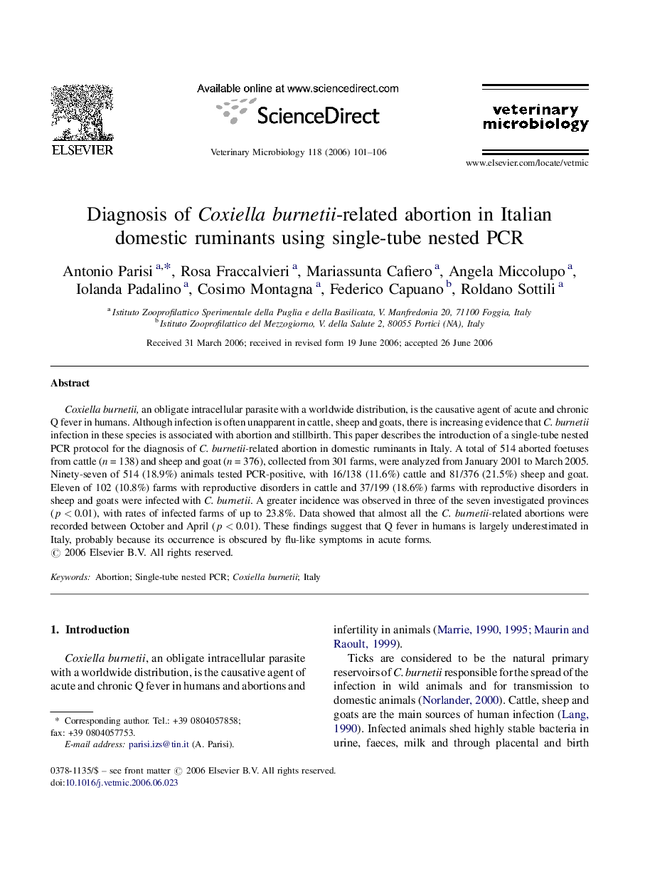 Diagnosis of Coxiella burnetii-related abortion in Italian domestic ruminants using single-tube nested PCR