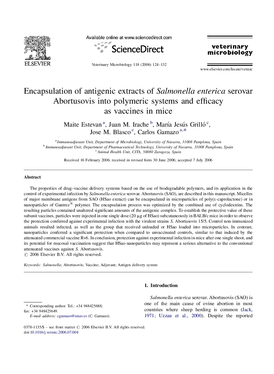 Encapsulation of antigenic extracts of Salmonella enterica serovar: Abortusovis into polymeric systems and efficacy as vaccines in mice