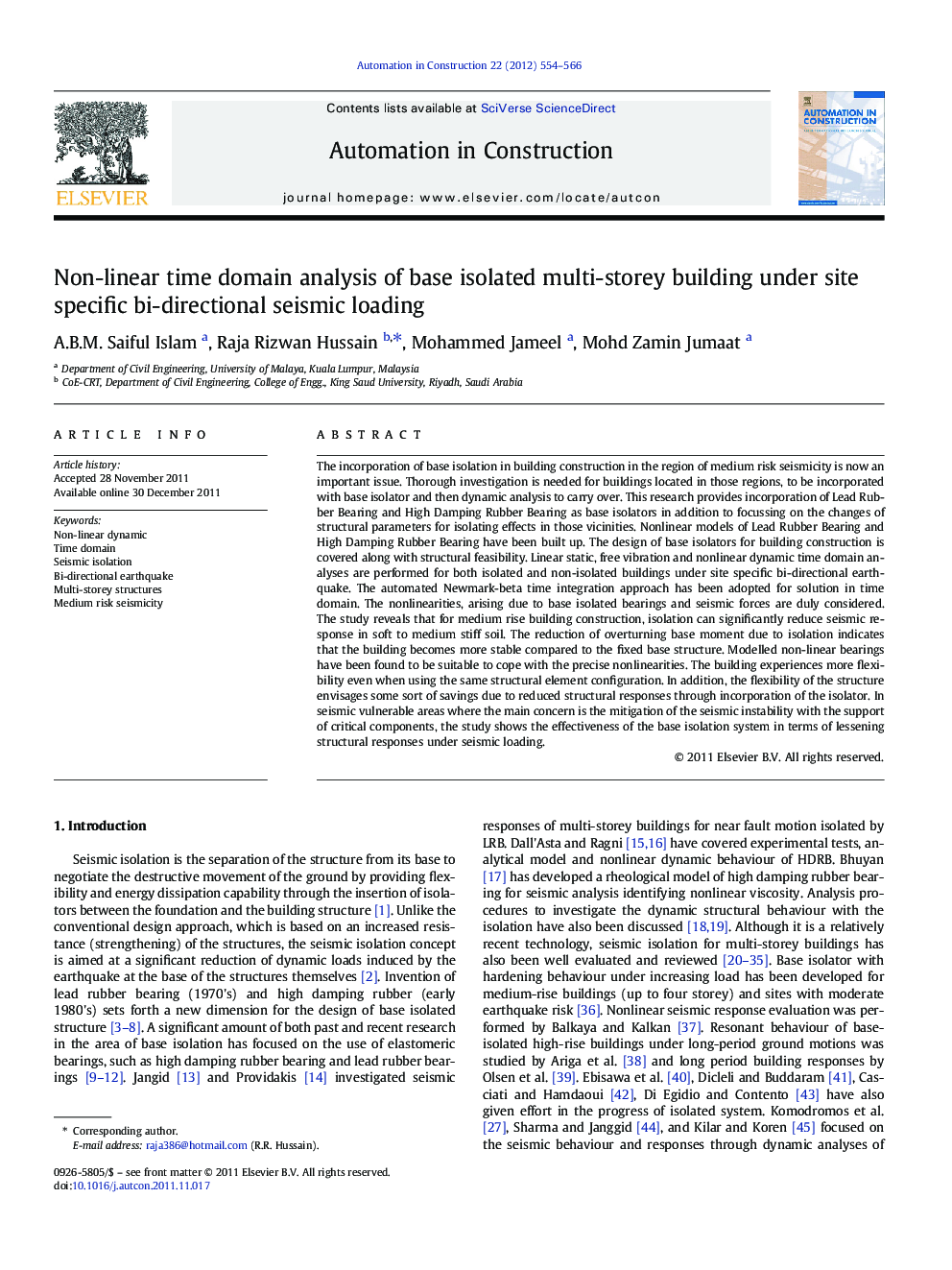 Non-linear time domain analysis of base isolated multi-storey building under site specific bi-directional seismic loading