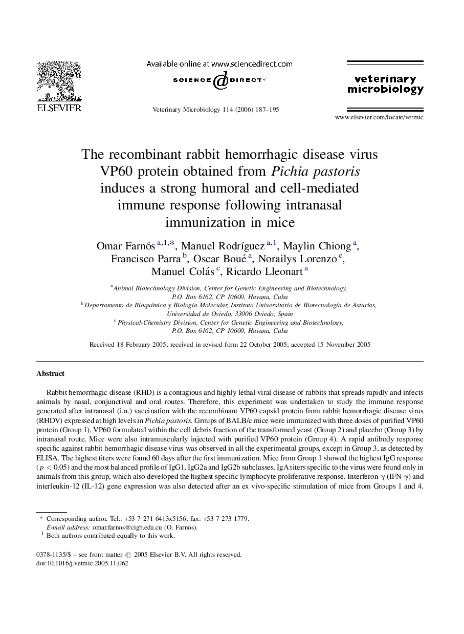 The recombinant rabbit hemorrhagic disease virus VP60 protein obtained from Pichia pastoris induces a strong humoral and cell-mediated immune response following intranasal immunization in mice