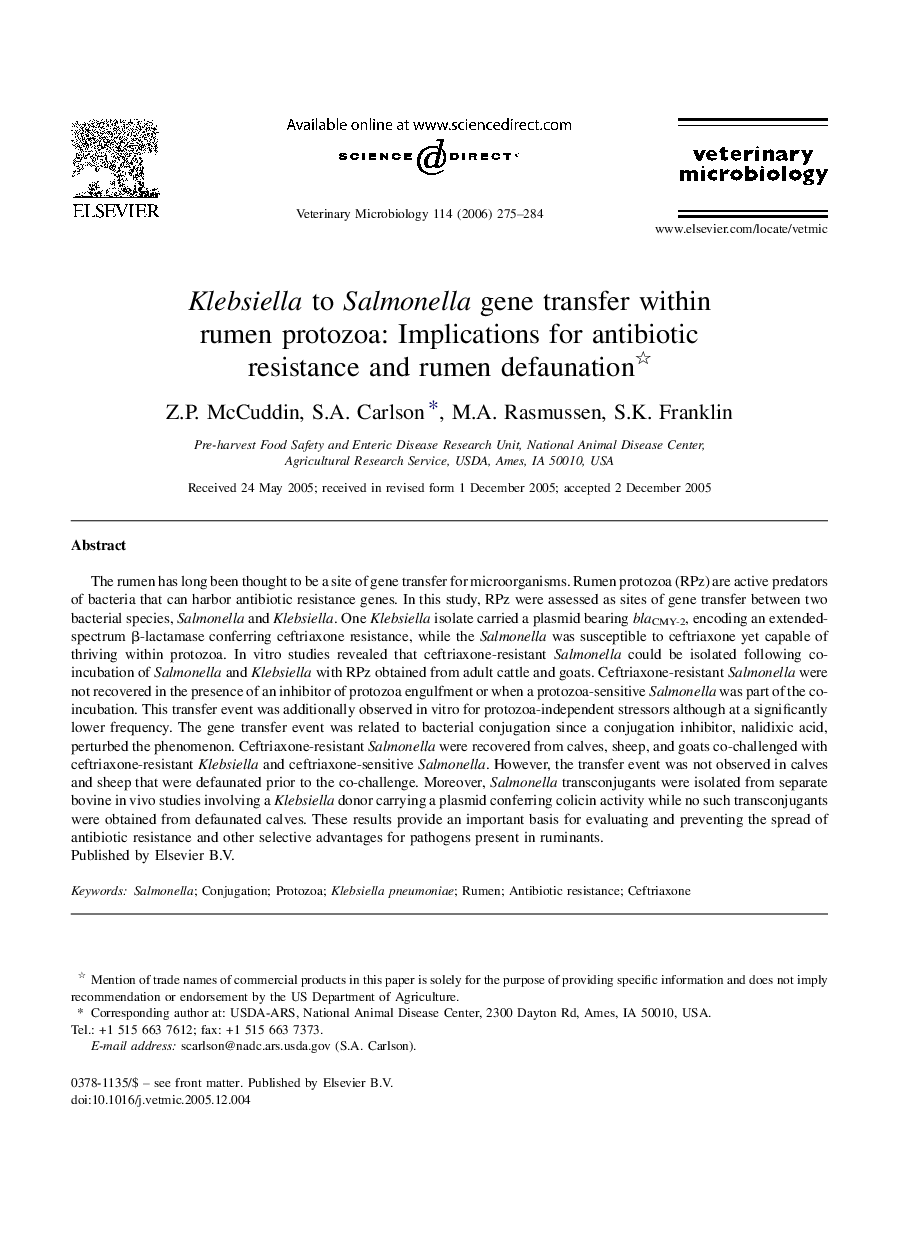 Klebsiella to Salmonella gene transfer within rumen protozoa: Implications for antibiotic resistance and rumen defaunation 