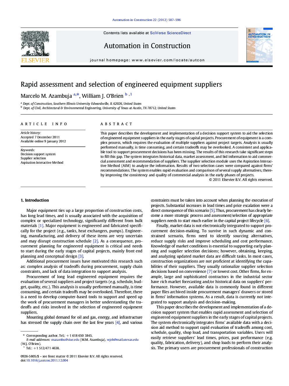 Rapid assessment and selection of engineered equipment suppliers