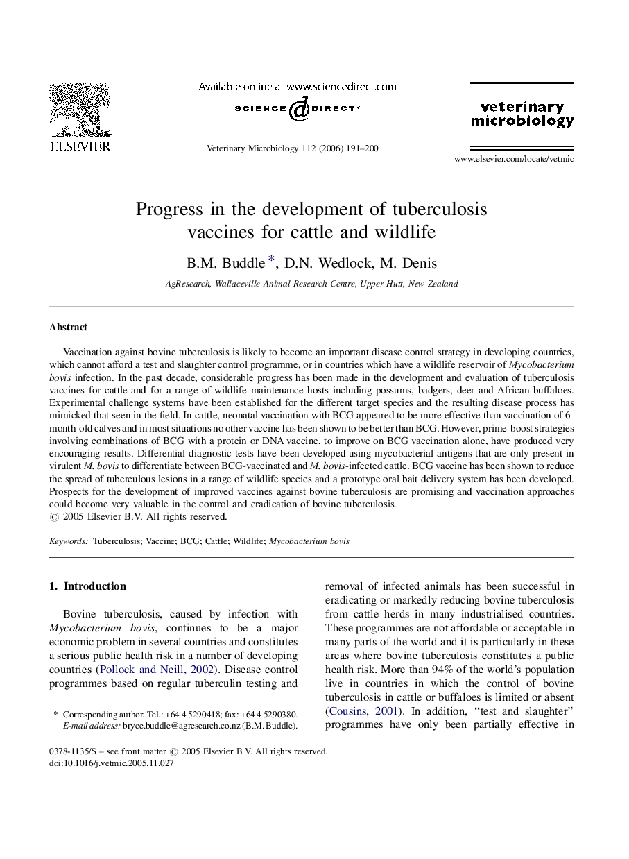 Progress in the development of tuberculosis vaccines for cattle and wildlife