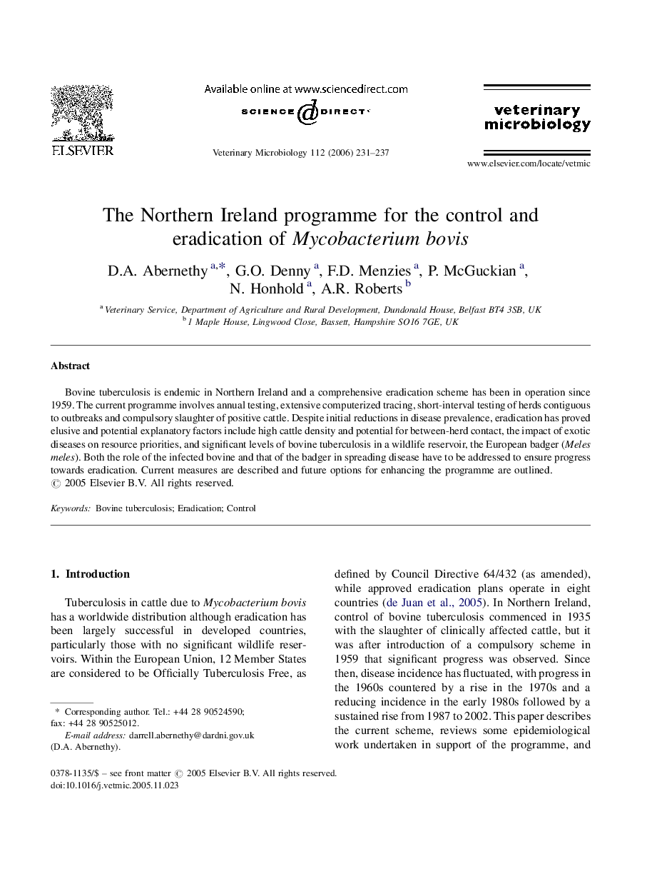 The Northern Ireland programme for the control and eradication of Mycobacterium bovis