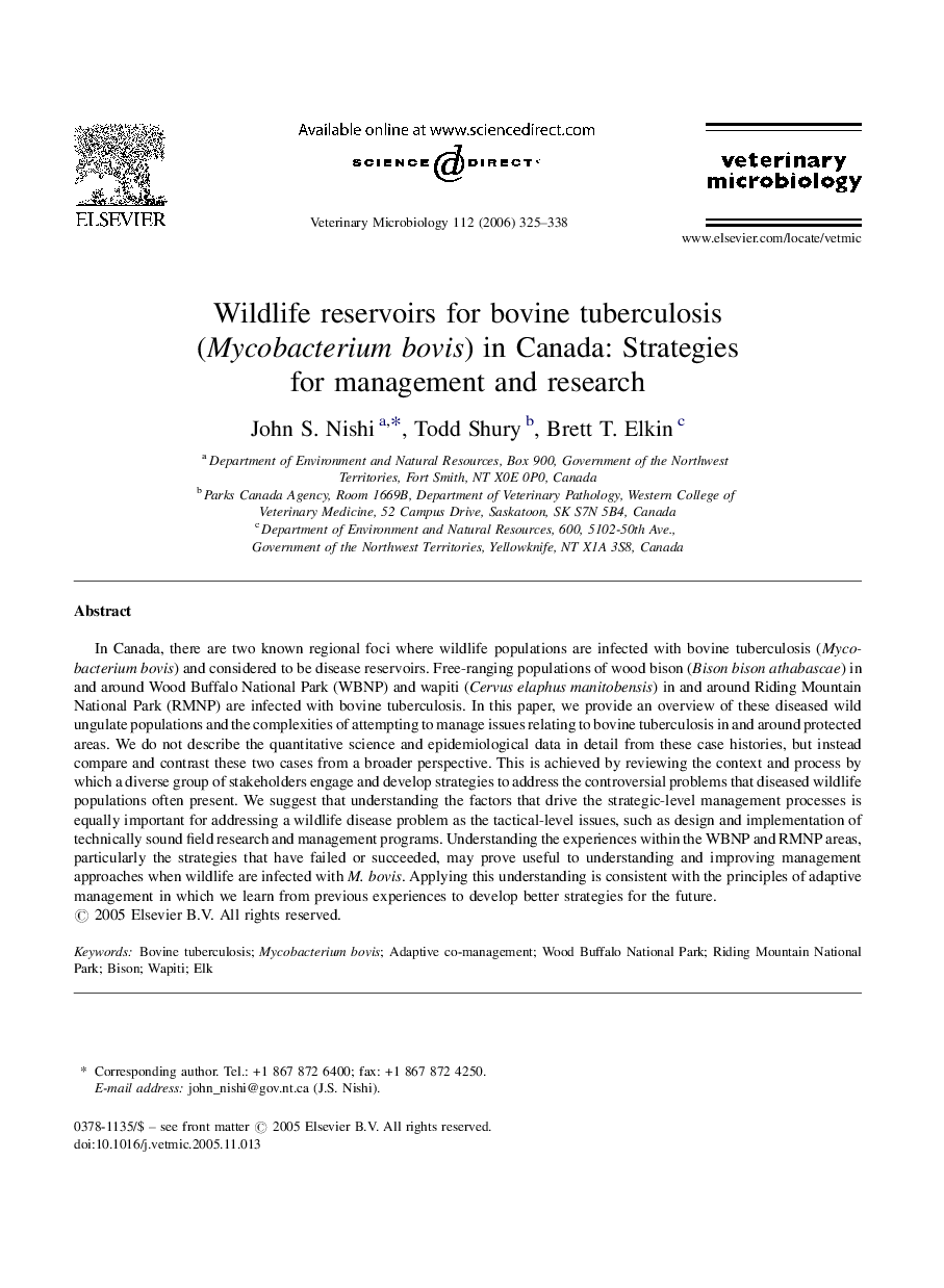 Wildlife reservoirs for bovine tuberculosis (Mycobacterium bovis) in Canada: Strategies for management and research