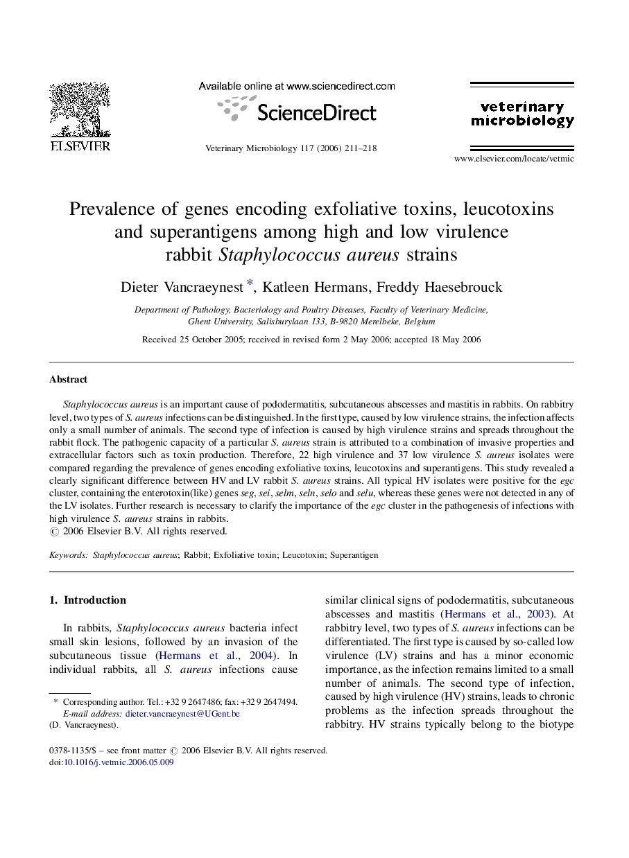 Prevalence of genes encoding exfoliative toxins, leucotoxins and superantigens among high and low virulence rabbit Staphylococcus aureus strains