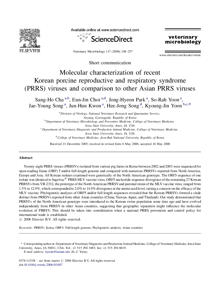 Molecular characterization of recent Korean porcine reproductive and respiratory syndrome (PRRS) viruses and comparison to other Asian PRRS viruses